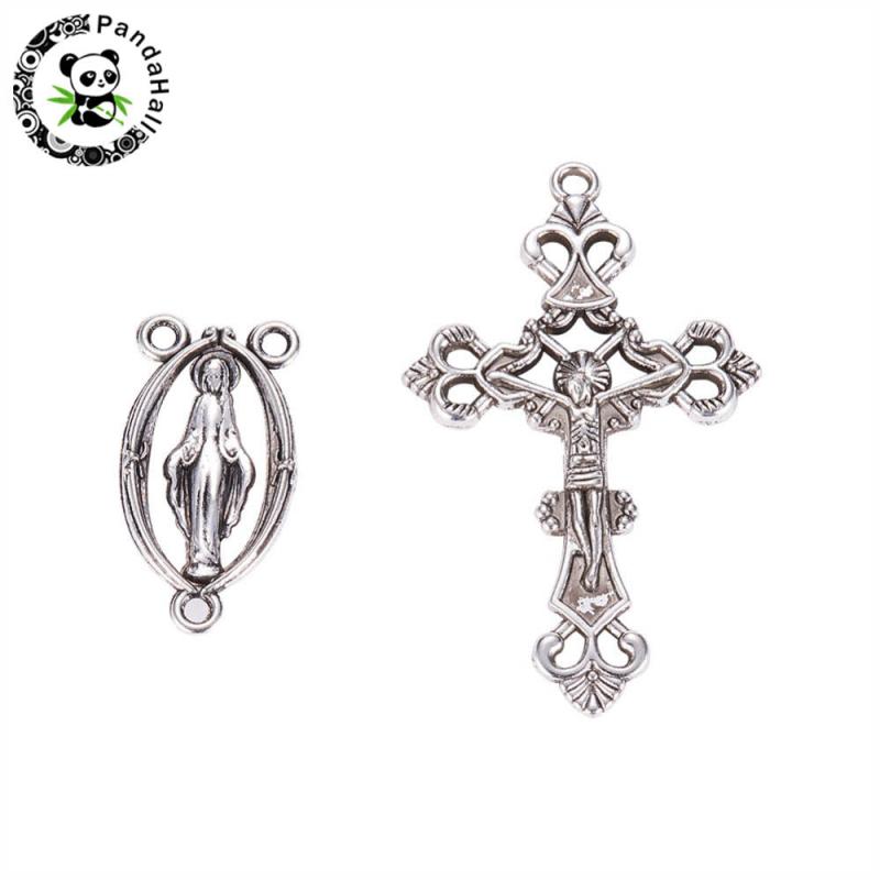 10 set Legering Antieke Zilveren Ketting Hanger Jesus Cross Charm en Rozenkrans Center Sets voor