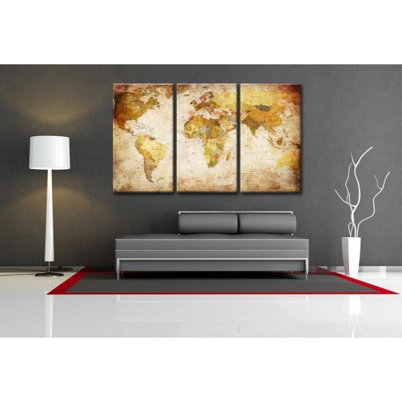 Wereldkaart Schilderij 3-Delig Premium Canvasdoek 130 x 80cm