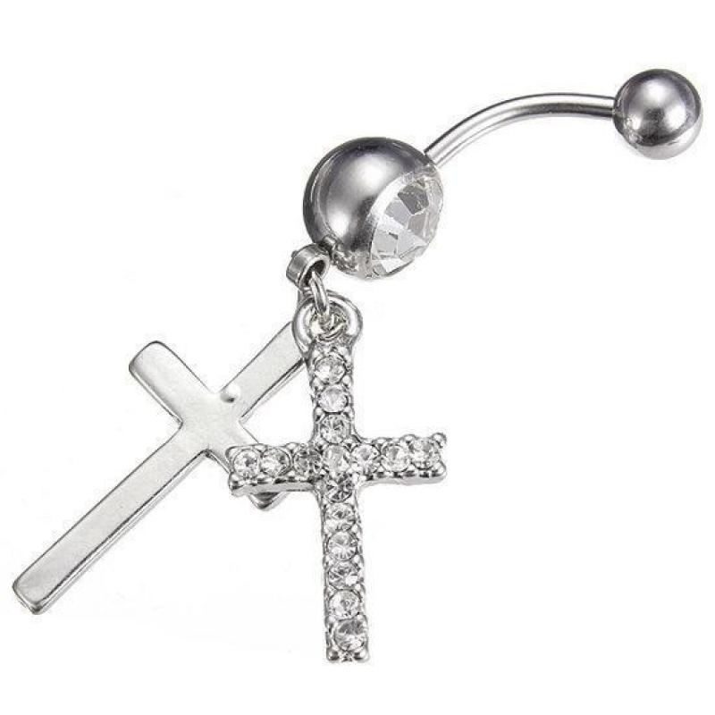 Crystal Double Cross Belly Button Navel Ring Body Piercing