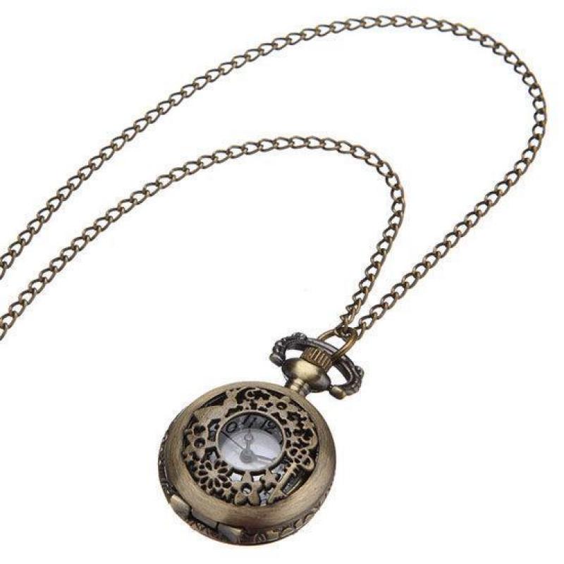 Vintage Bronze Hollow Flower Key Star Pendant Quartz Pock...