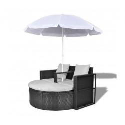 Poly Rattan Loungebed set met parasol (zwart)