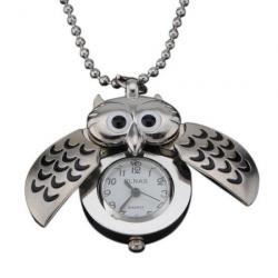 Golden Silver Owl Pendant Necklace Chain Quartz Pocket Watch