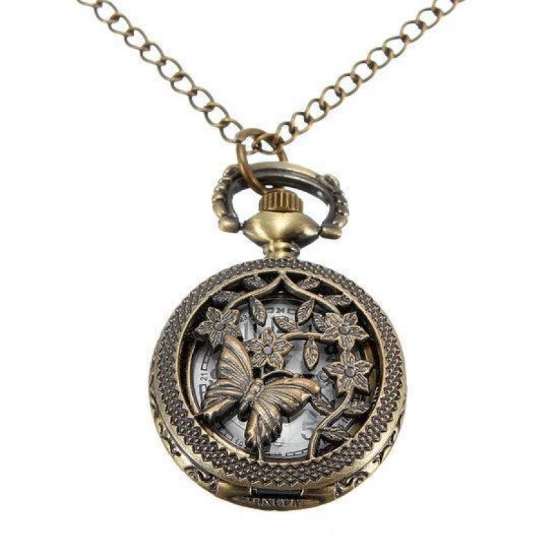 Vintage Bronze Butterfly Style Pocket Watch Pendant Necklace