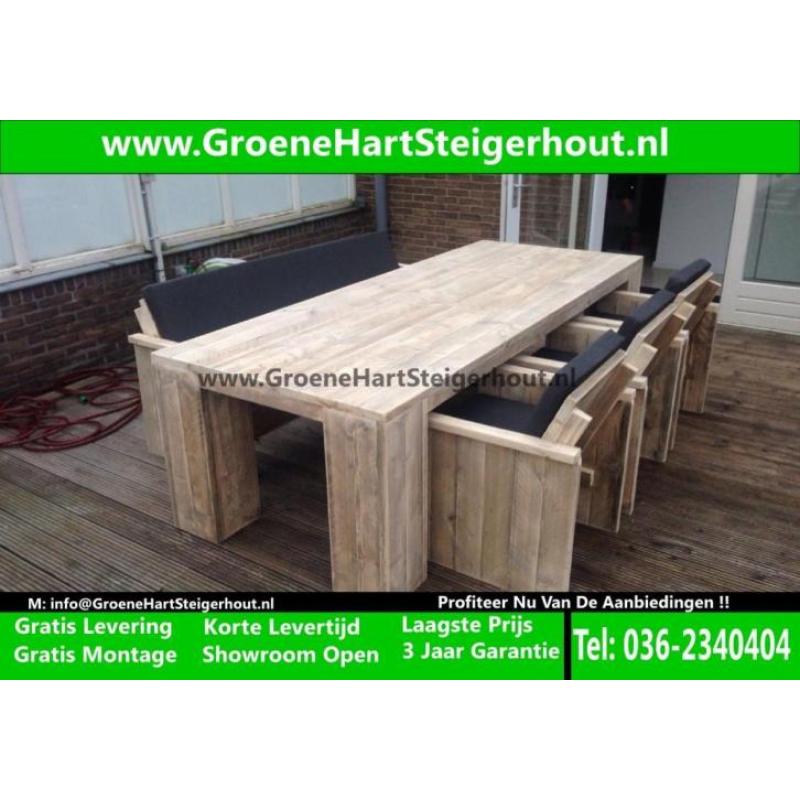 Steigerhout Tuinset Tuintafel Nu Met Stoelen + Bank ACTIE !!