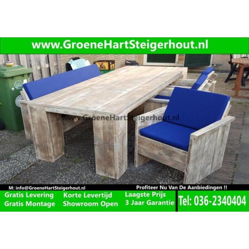 Steigerhout Tuinset Tuintafel Nu Met Stoelen + Bank ACTIE !!