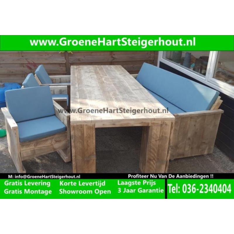 Steigerhout Tuinset Tuintafel Nu Met Stoelen + Bank ACTIE !!