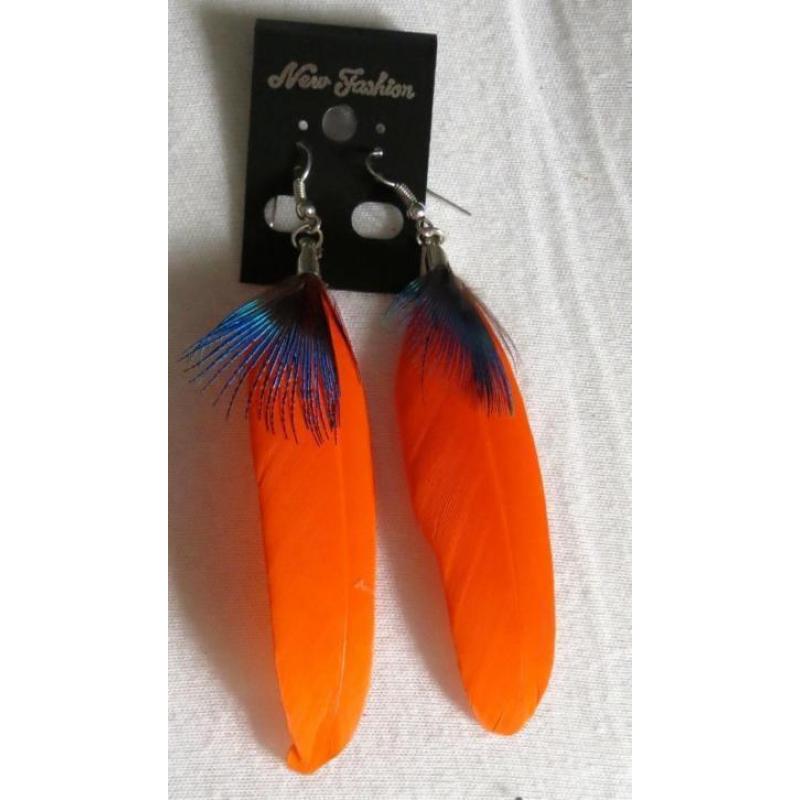 Veren oorbellen oranje Ibiza stijl lengte 10 cm