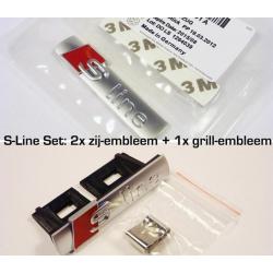 3x AUDI SLine emblemen: 2x Zijkant + 1x Grill S-LINE (Set)