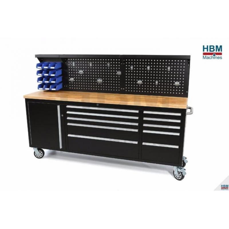 ACTIE !! HBM 215 Cm. Gereedschapswagen / Werkbank met Houten