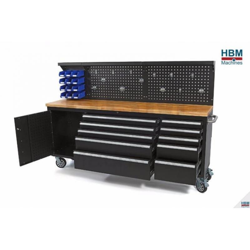 ACTIE !! HBM 215 Cm. Gereedschapswagen / Werkbank met Houten