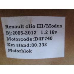 Renault Clio III 1.2 16 V 2009 Motorblok Code D4F740