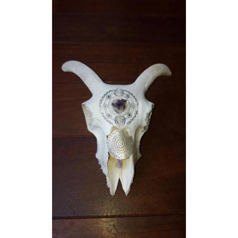 Gegraveerde schapenskull schedel henna amethyst kristal