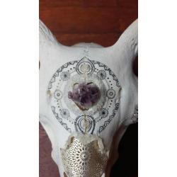 Gegraveerde schapenskull schedel henna amethyst kristal