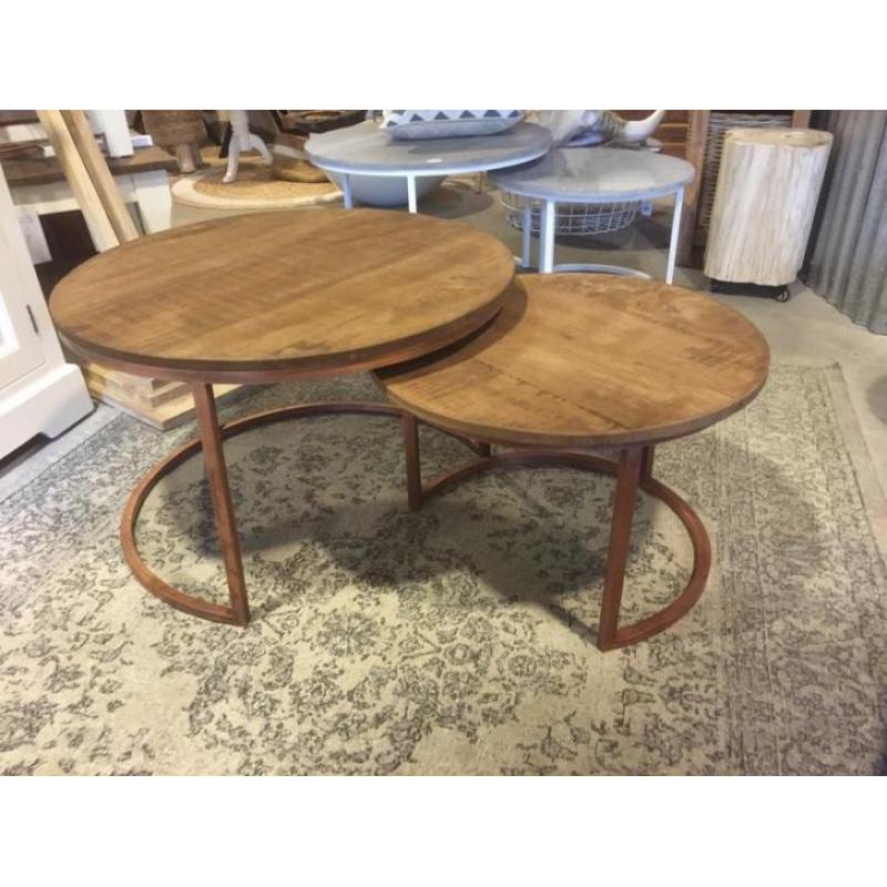 Brix ronde salontafel SET van 2 | Koper + bruin rond hout !