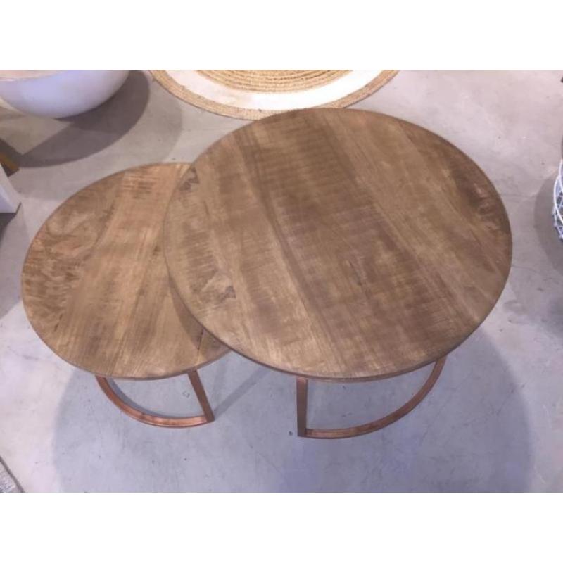 Brix ronde salontafel SET van 2 | Koper + bruin rond hout !