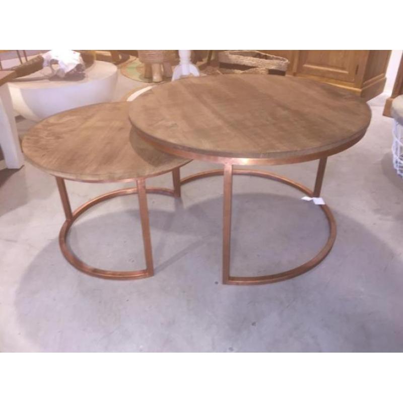 Brix ronde salontafel SET van 2 | Koper + bruin rond hout !