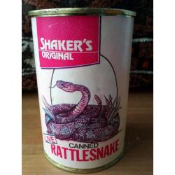 Vintage blikje met ratelslang van Shaker's original 11,5 cm.