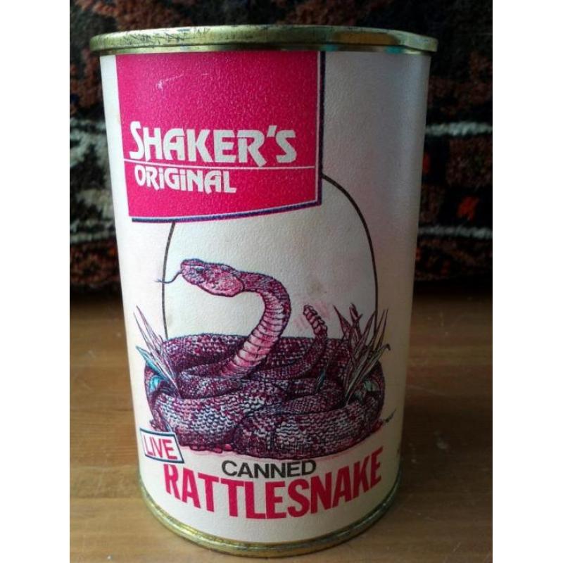 Vintage blikje met ratelslang van Shaker's original 11,5 cm.