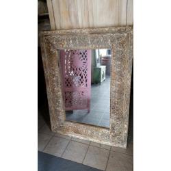 Vintage turcoise spiegel uit India, handwerk / houtsnijwek